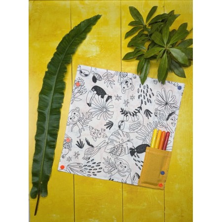 Coloriage lavable compact avec motifs de singes et d'oiseaux. Feutres rangés dans la pochette.