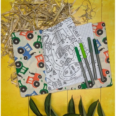 cahier d'activités lavable aux motifs de tracteurs