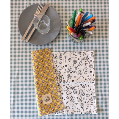 set de table à colorier lavable la sardine verte motif licornes et coton enduit jaune